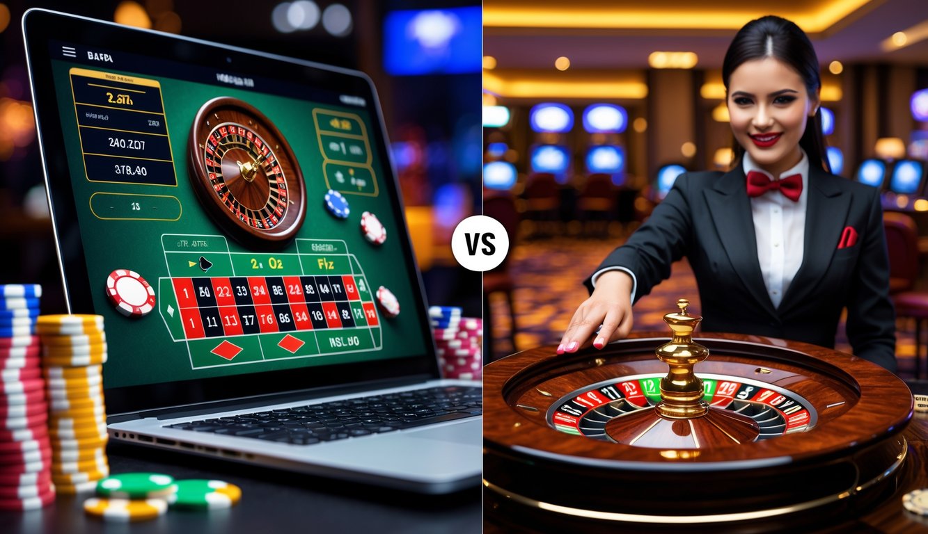 Seorang dealer kasino yang sedang memutar roda roulette fisik di sebelah layar komputer yang menampilkan permainan roulette online.