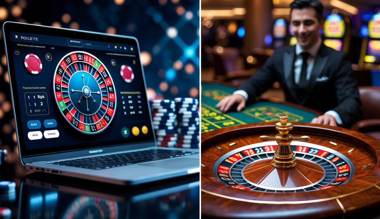 Gambar perbandingan antara roulette online di layar laptop dan roulette live dealer dengan dealer di kasino.
