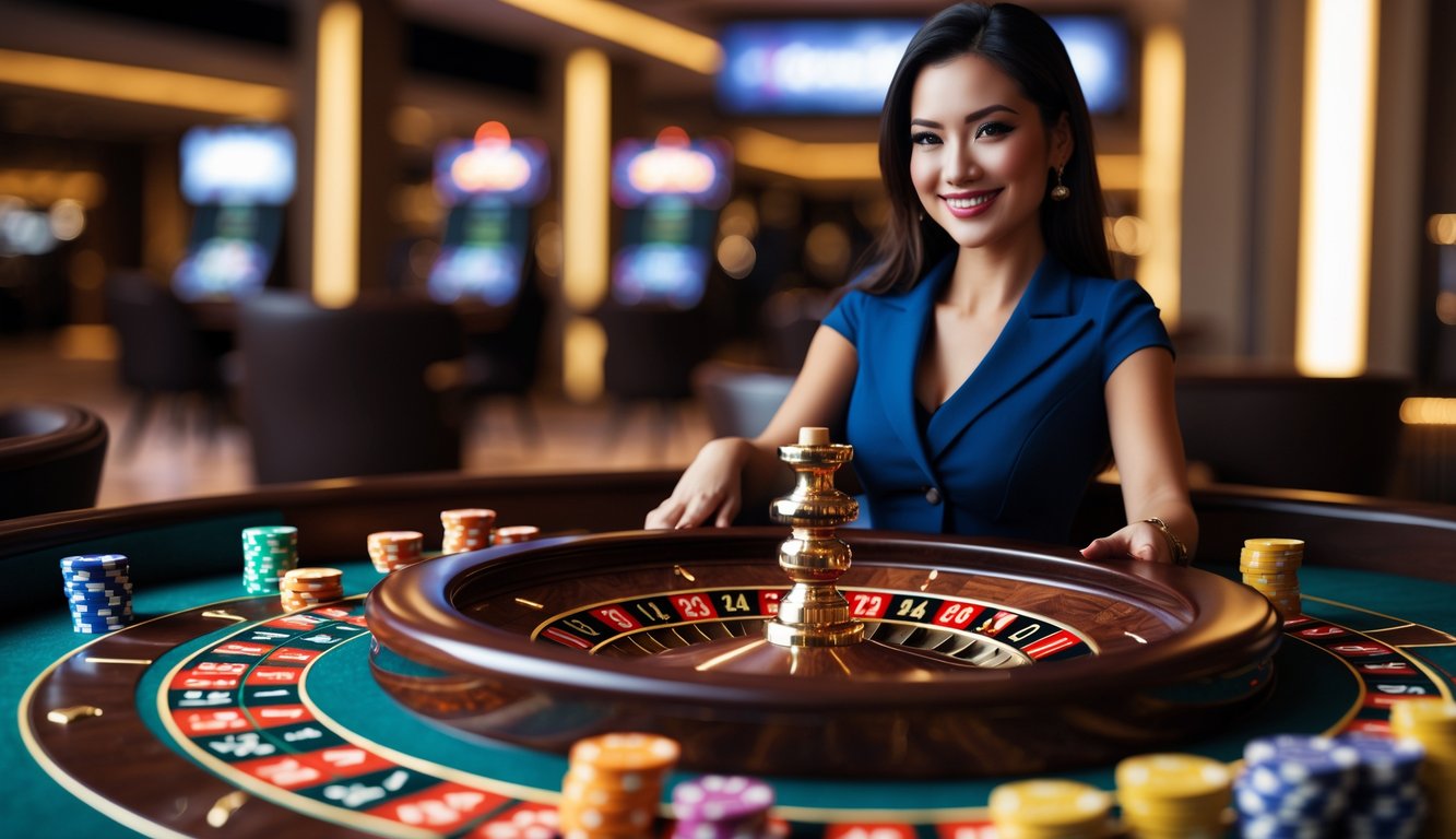 Seorang dealer wanita profesional mengelola meja roulette dengan chip warna-warni di kasino yang mewah.