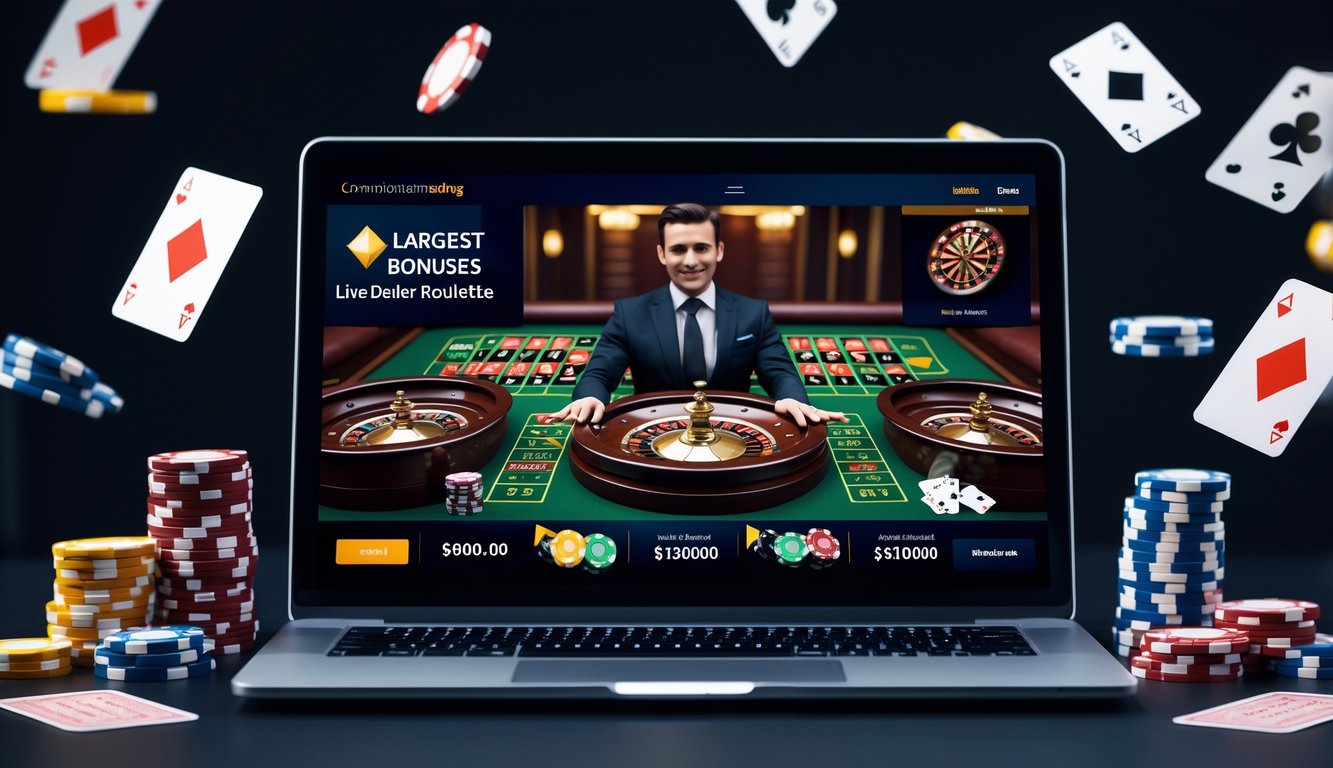 Seorang dealer sedang memutar roda roulette live di layar komputer dengan suasana modern dan profesional yang menampilkan elemen permainan judi online.
