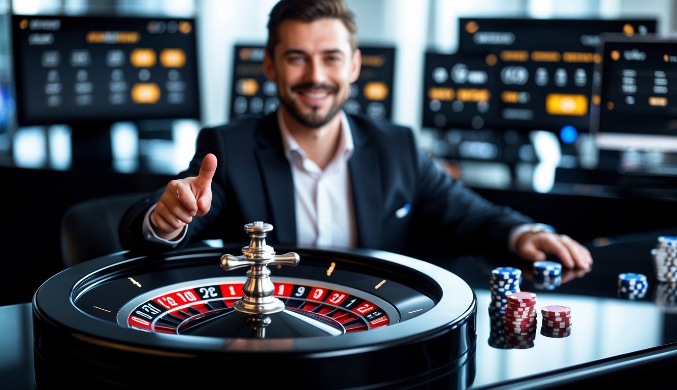 Seorang dealer live yang ramah duduk di belakang meja roulette dengan roda roulette dan chip taruhan, di latar belakang terlihat layar komputer yang menampilkan permainan taruhan online.