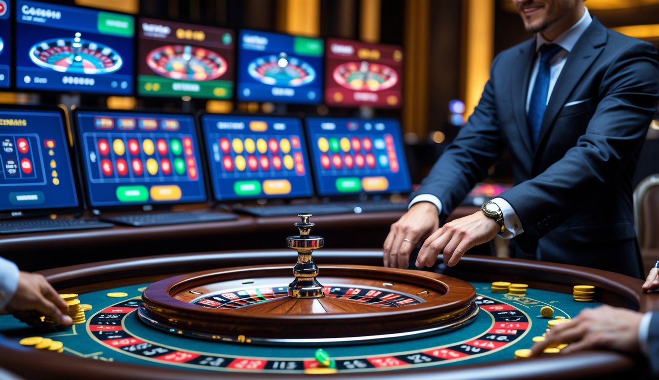 Seorang dealer live roulette sedang memutar roda roulette di meja modern dengan layar komputer menampilkan antarmuka taruhan di latar belakang.