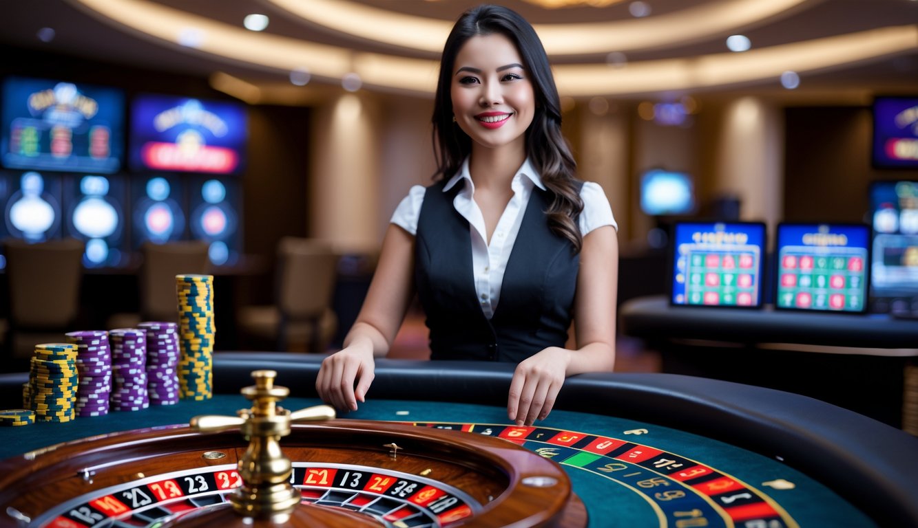 Seorang dealer wanita yang rapi duduk di meja roulette dengan roda roulette berputar dan tumpukan chip taruhan di depan, di studio kasino dengan latar belakang kabur.