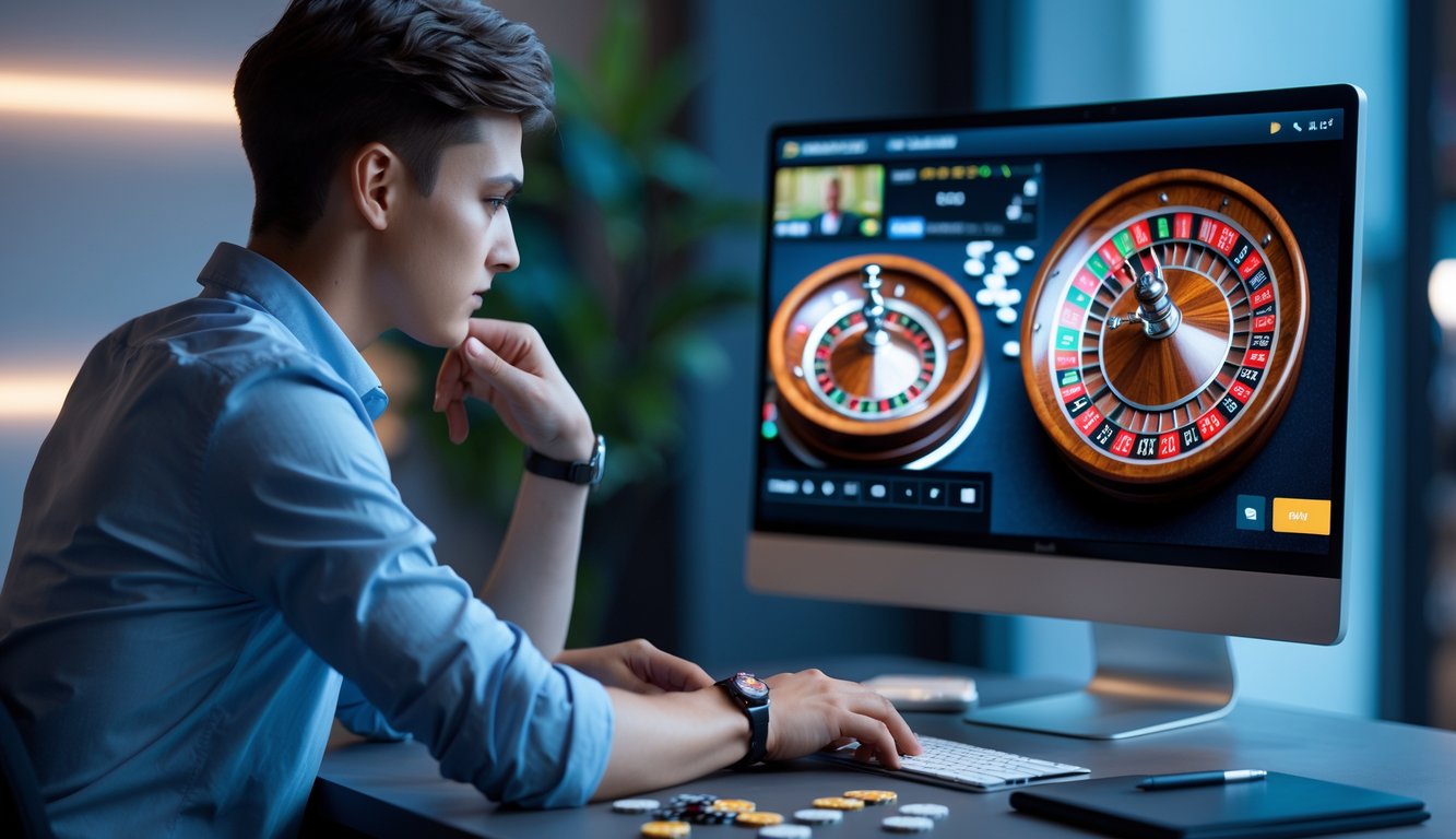 Seorang pemain muda yang fokus bermain roulette online dengan dealer langsung di layar komputer, sedang mengelola chip taruhan dengan serius.