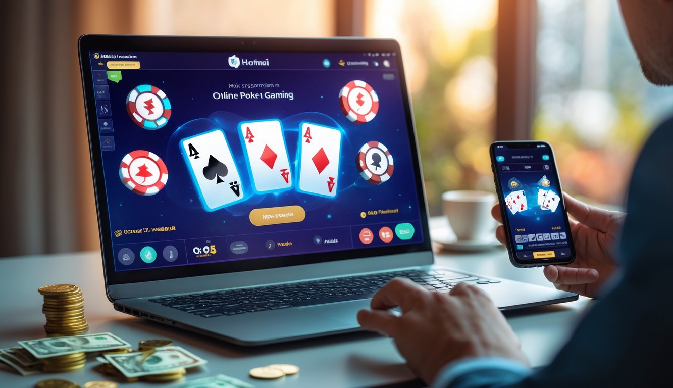 Seorang pria menggunakan laptop dan ponsel untuk bermain poker online di meja kerja dengan tumpukan chip poker dan kartu bermain di sekitarnya.