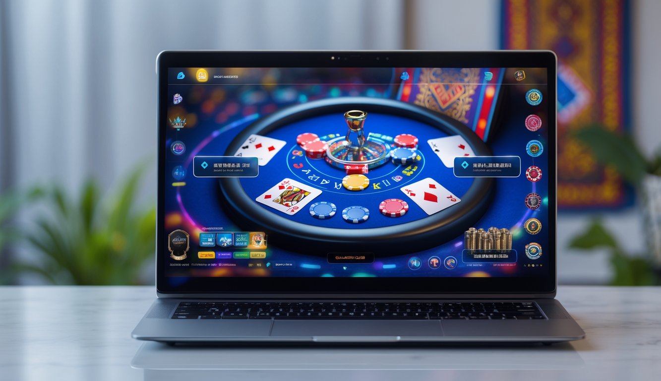 Seorang pengguna sedang bermain poker online di komputer dengan tumpukan chip dan kartu di layar.