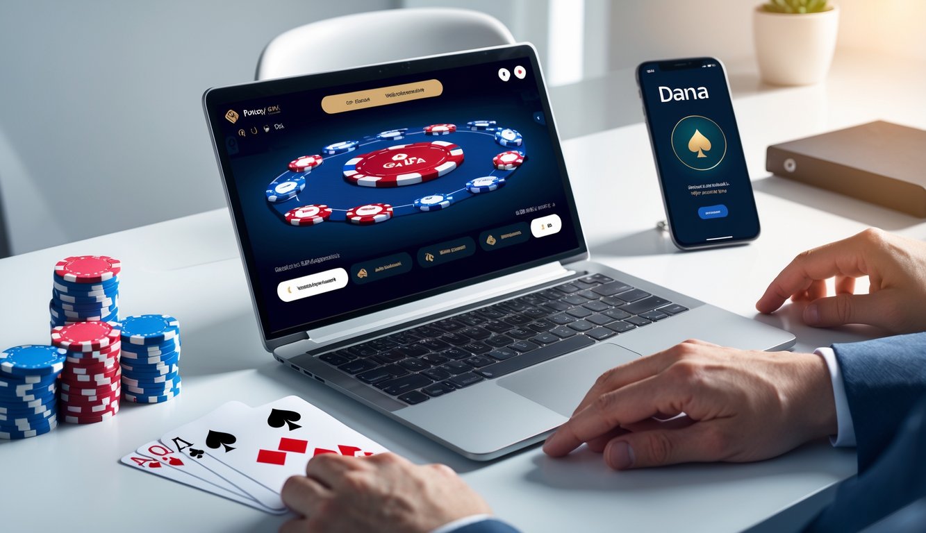 Meja kerja modern dengan laptop menampilkan permainan poker online, chip poker, kartu bermain, dan ponsel yang menunjukkan aplikasi dompet digital Dana.