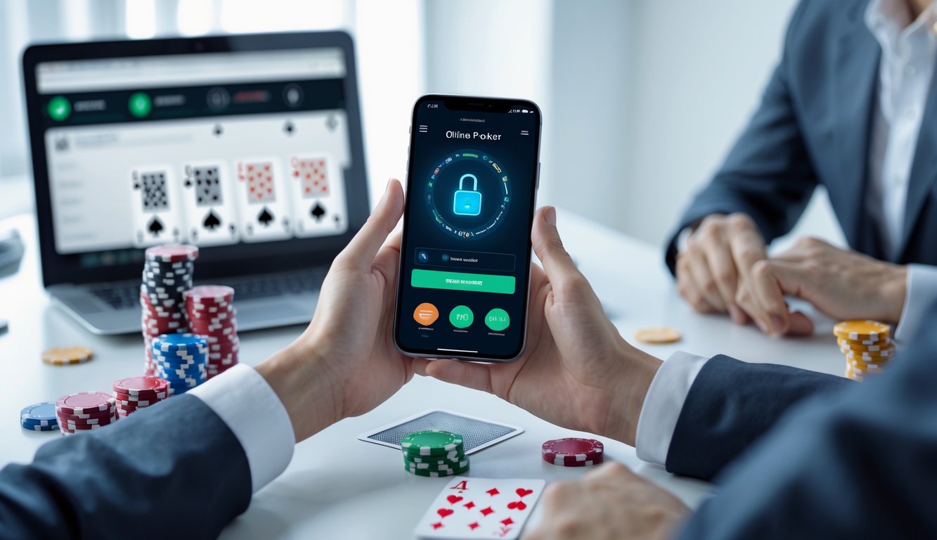 Tangan memegang ponsel dengan aplikasi dompet digital, di atas meja terdapat chip poker, kartu remi, dan laptop yang menampilkan permainan poker online.