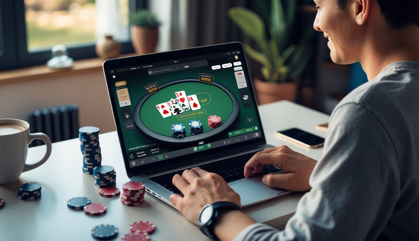 Seorang pemula bermain poker online di laptop dengan tumpukan chip dan kartu di meja, di dalam ruangan yang nyaman dan terang.