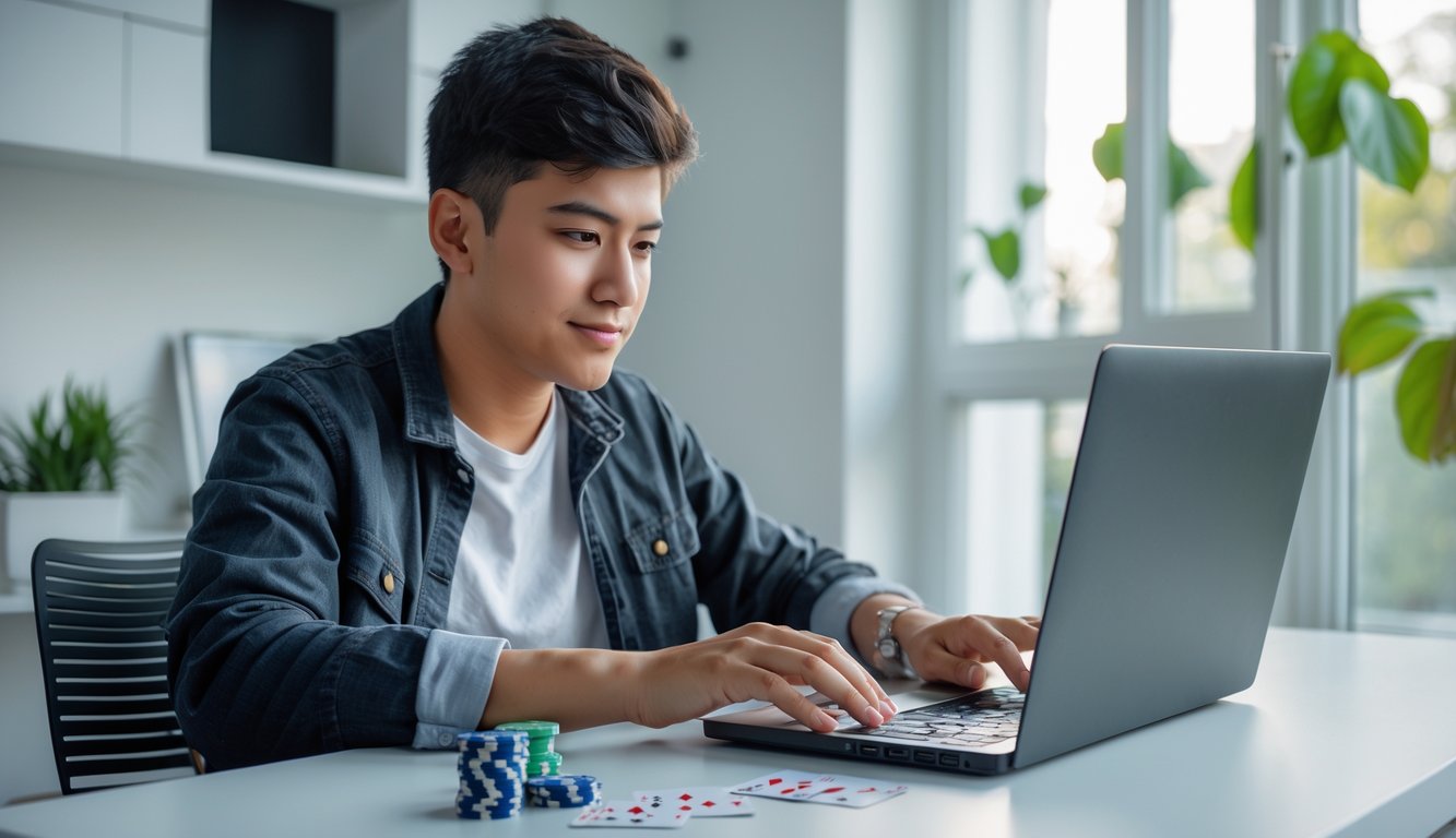 Seorang dewasa muda duduk di meja dengan laptop bermain poker online, di meja terdapat chip poker dan kartu, suasana nyaman di rumah.