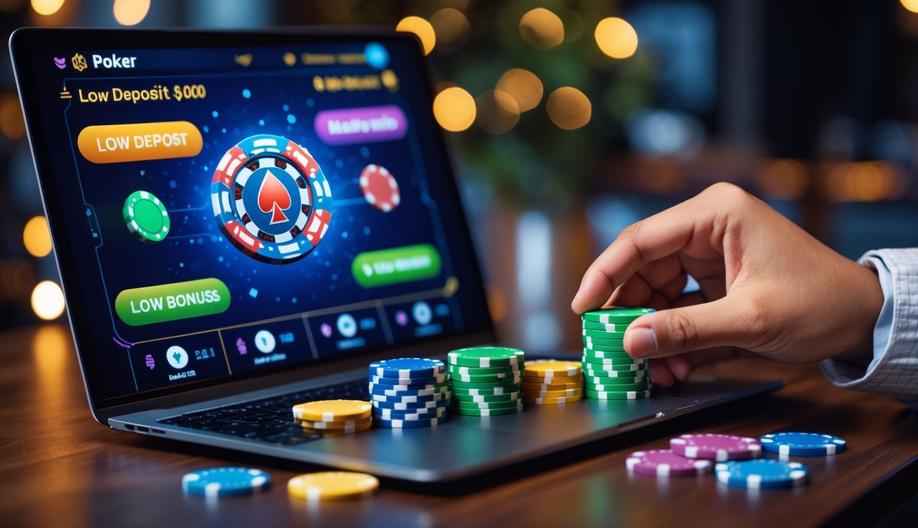 Seorang pemain poker online sedang bermain di laptop dengan tumpukan chip poker di meja, menunjukkan suasana permainan poker yang menarik dan mudah diakses.