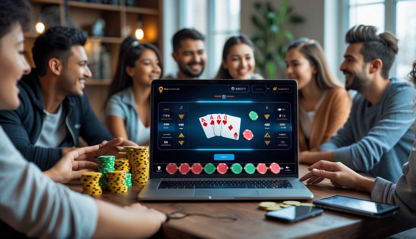 Sejumlah orang muda sedang bermain poker online di laptop dengan suasana ruangan yang nyaman dan pencahayaan yang baik.