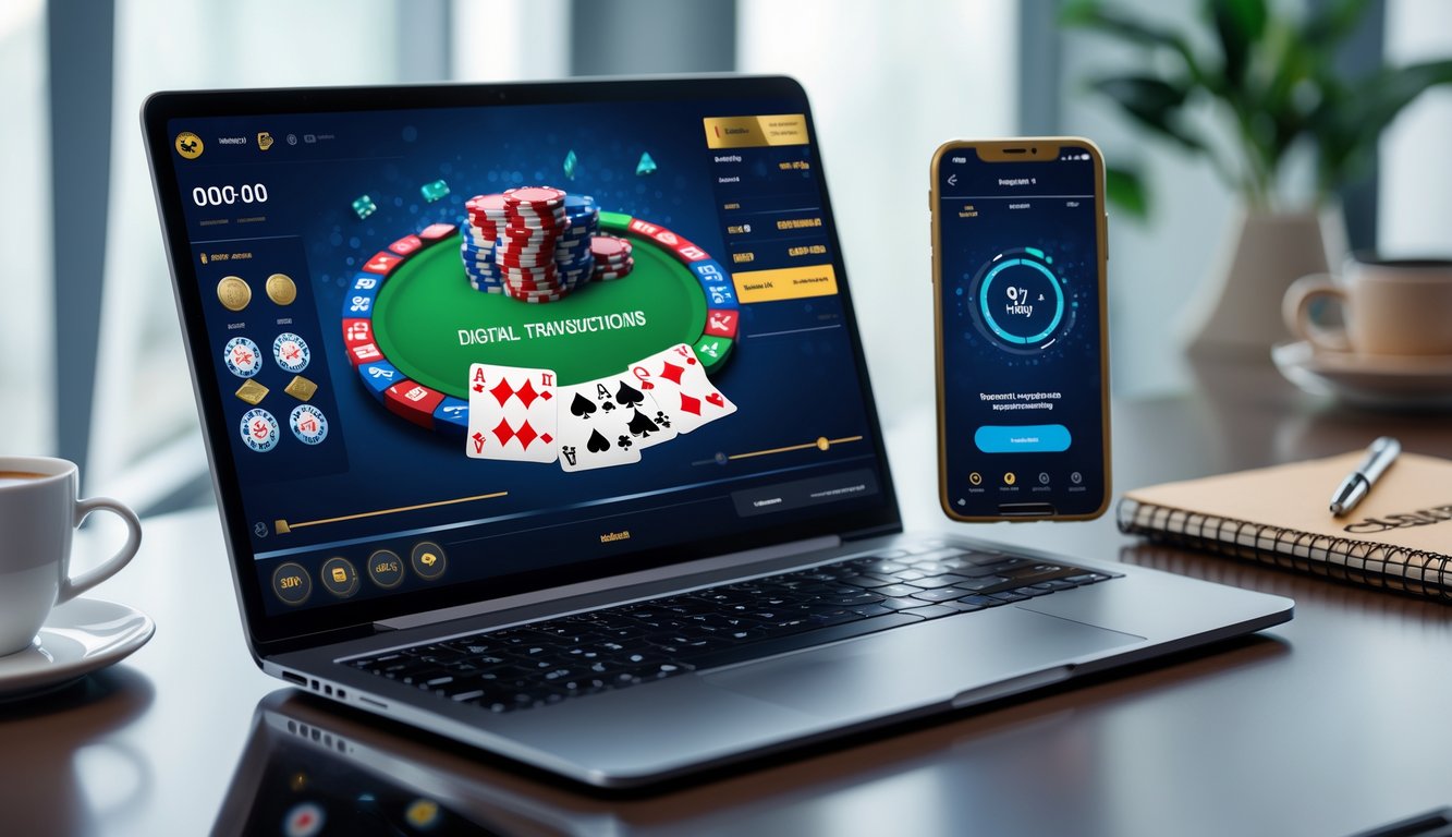 Seorang pemain poker online menggunakan laptop dan smartphone di meja kerja dengan suasana nyaman dan pencahayaan terang.