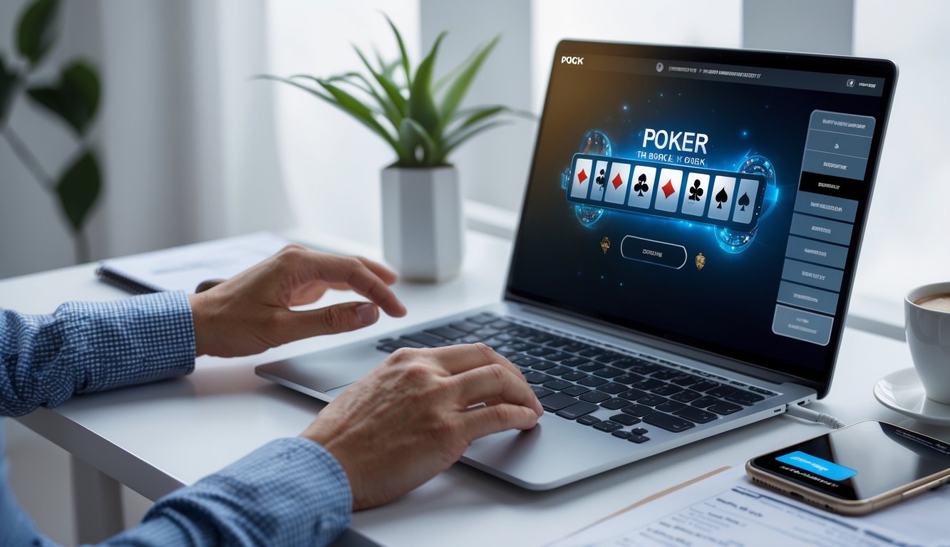 Seseorang menggunakan laptop di meja kerja dengan tampilan permainan poker online di layar, menunjukkan aktivitas bermain poker secara aman dan cepat.