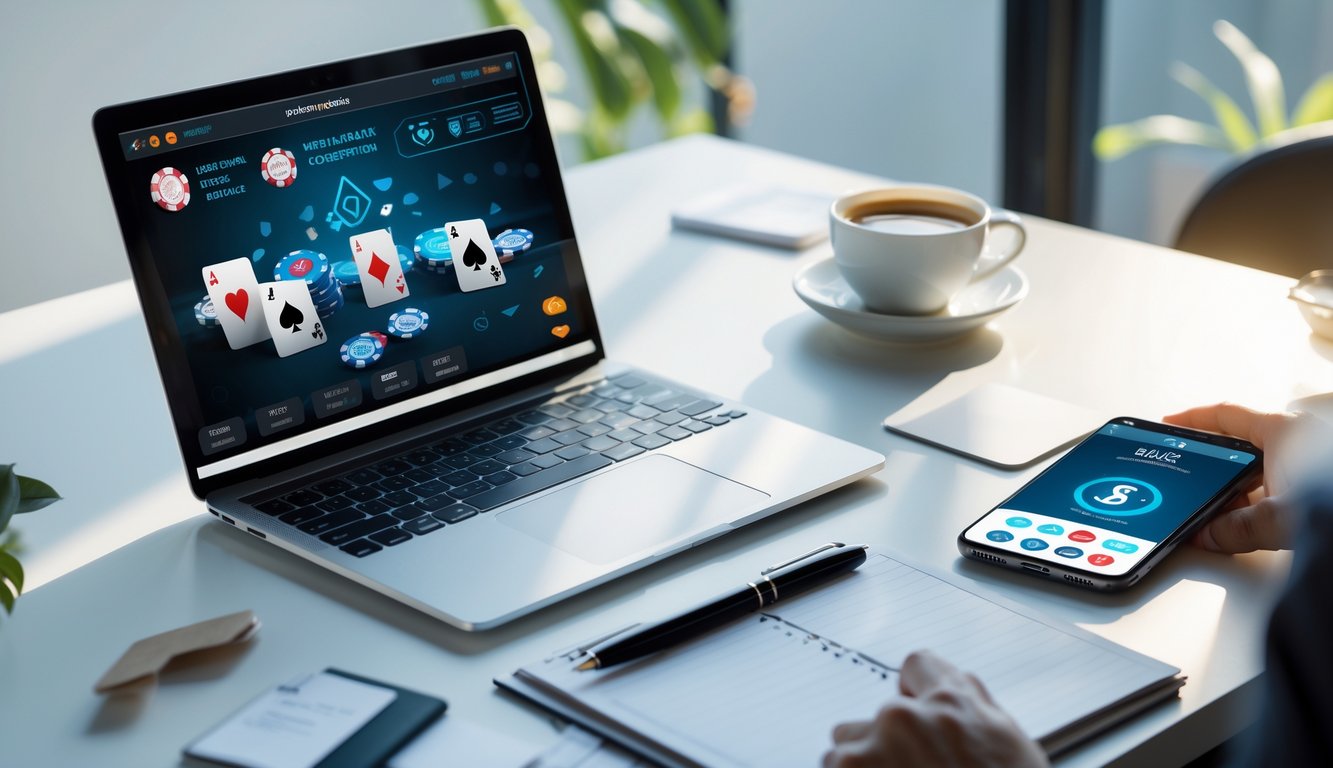 Meja kerja modern dengan laptop yang menampilkan permainan poker online, ponsel dengan aplikasi perbankan terbuka, dan suasana yang bersih dan profesional.