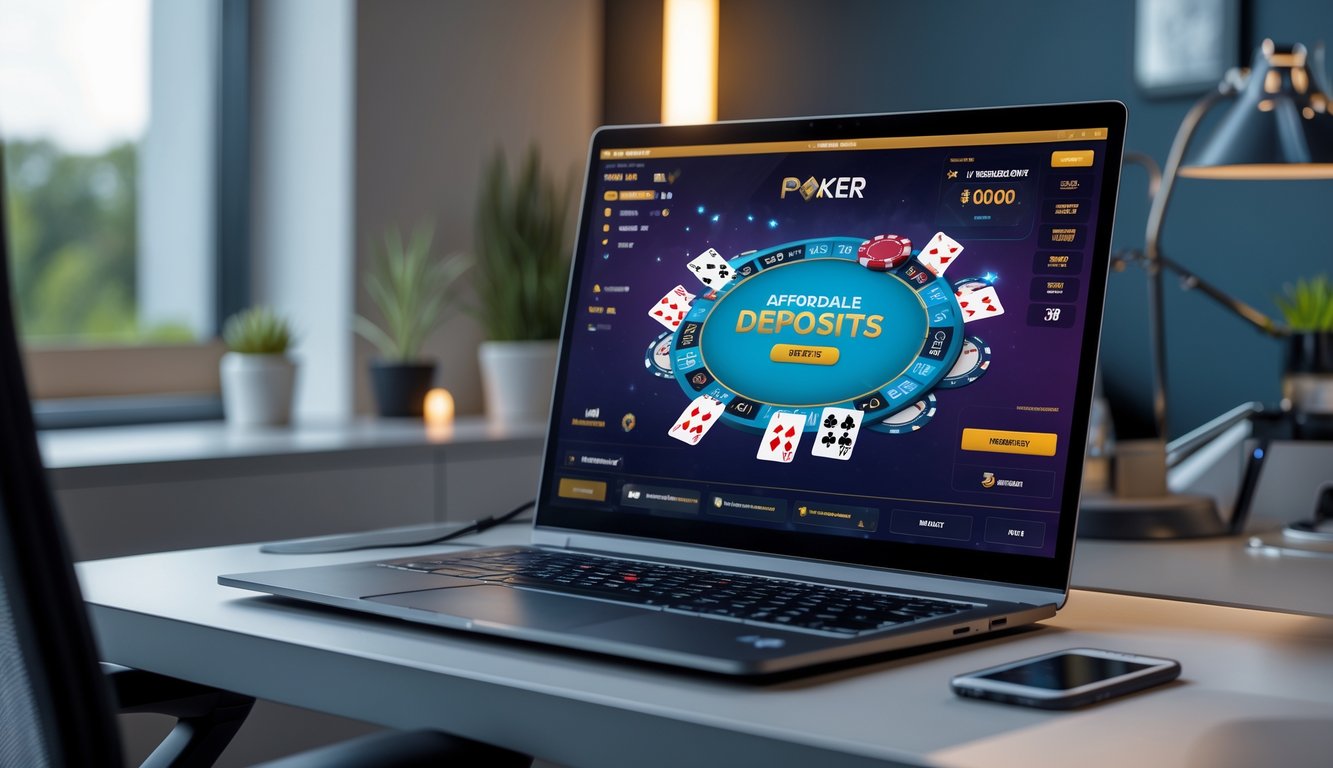 Seseorang bermain poker online di depan komputer dengan kartu dan chip poker di meja.