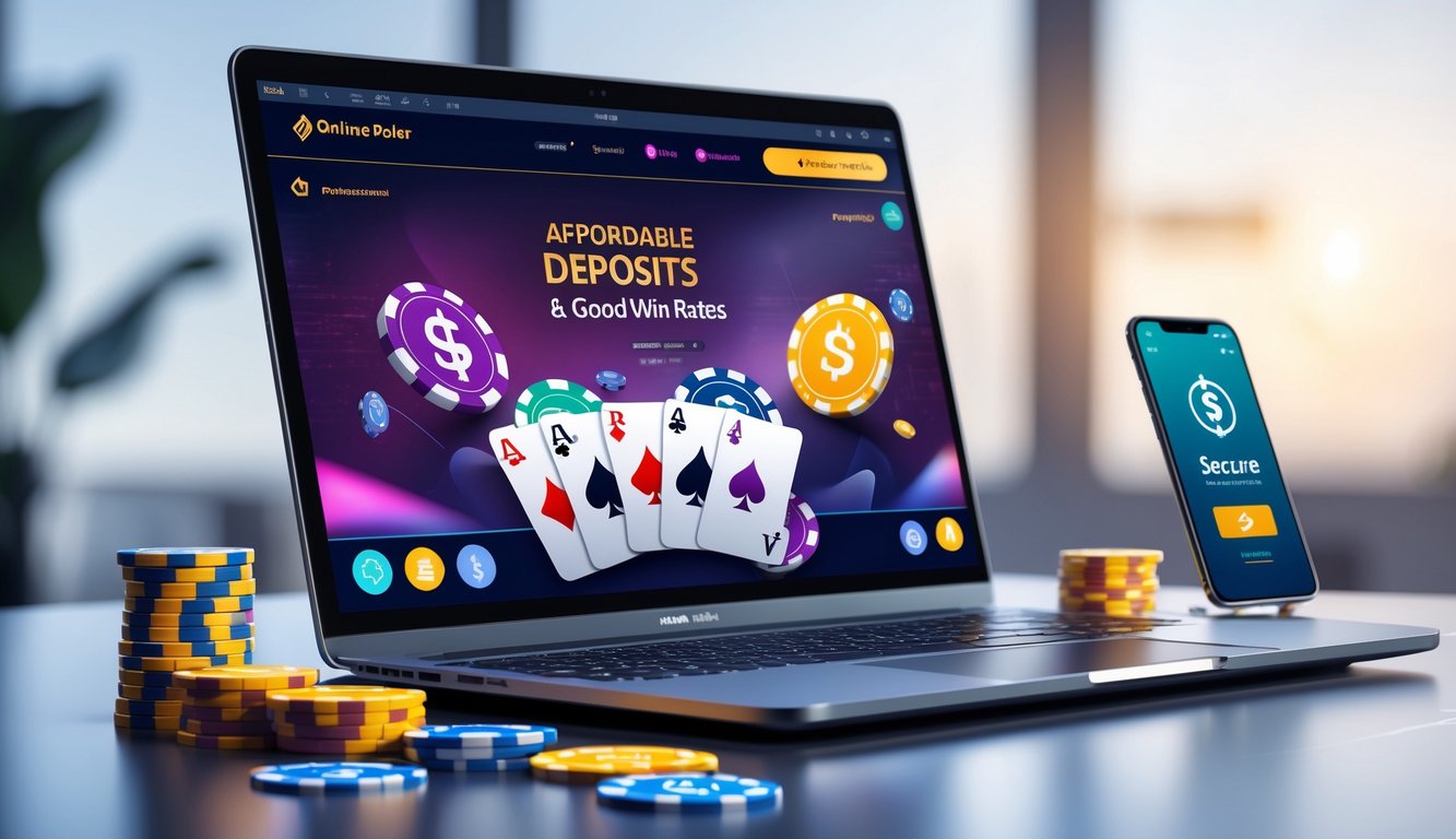 Seorang pemain poker online menggunakan laptop dengan tampilan permainan poker dan chip di meja, menunjukkan suasana permainan poker daring.
