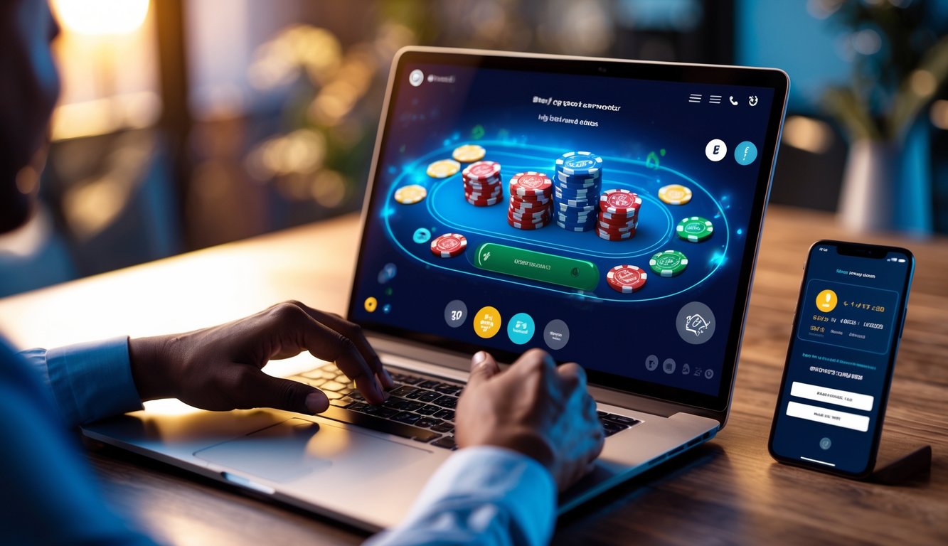 Seseorang sedang bermain poker online menggunakan laptop dan ponsel di ruang kerja yang nyaman.