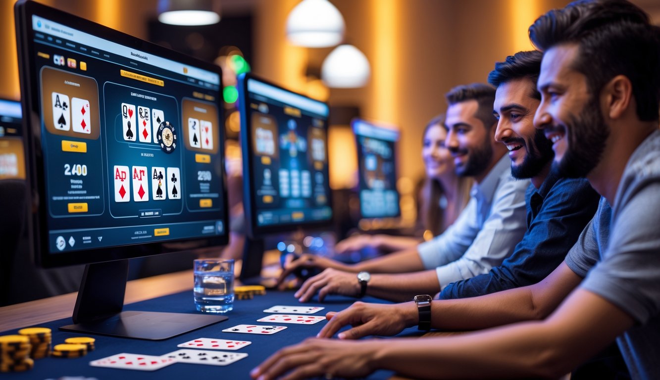 Orang-orang bermain poker online di depan komputer dengan suasana yang nyaman dan pencahayaan hangat.