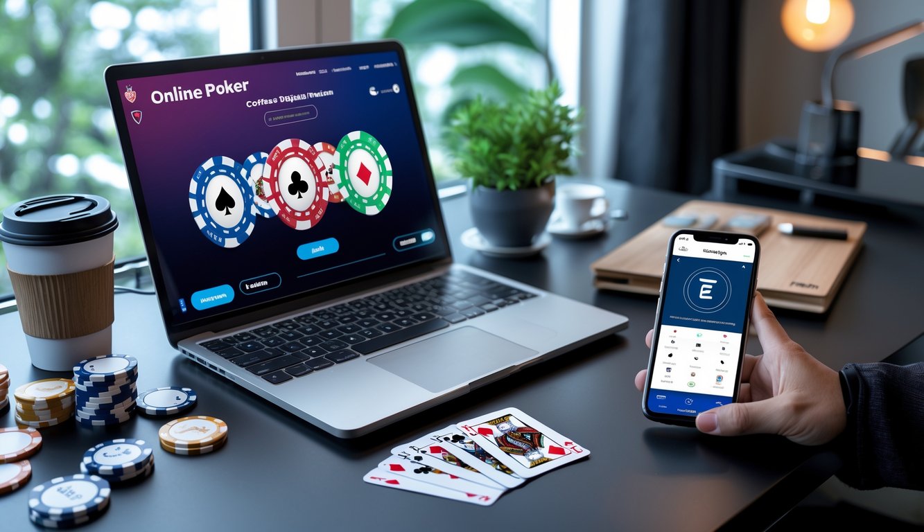 Seorang pengguna bermain poker online di laptop dengan kartu dan chip poker di meja, serta ponsel yang menampilkan aplikasi dompet elektronik.