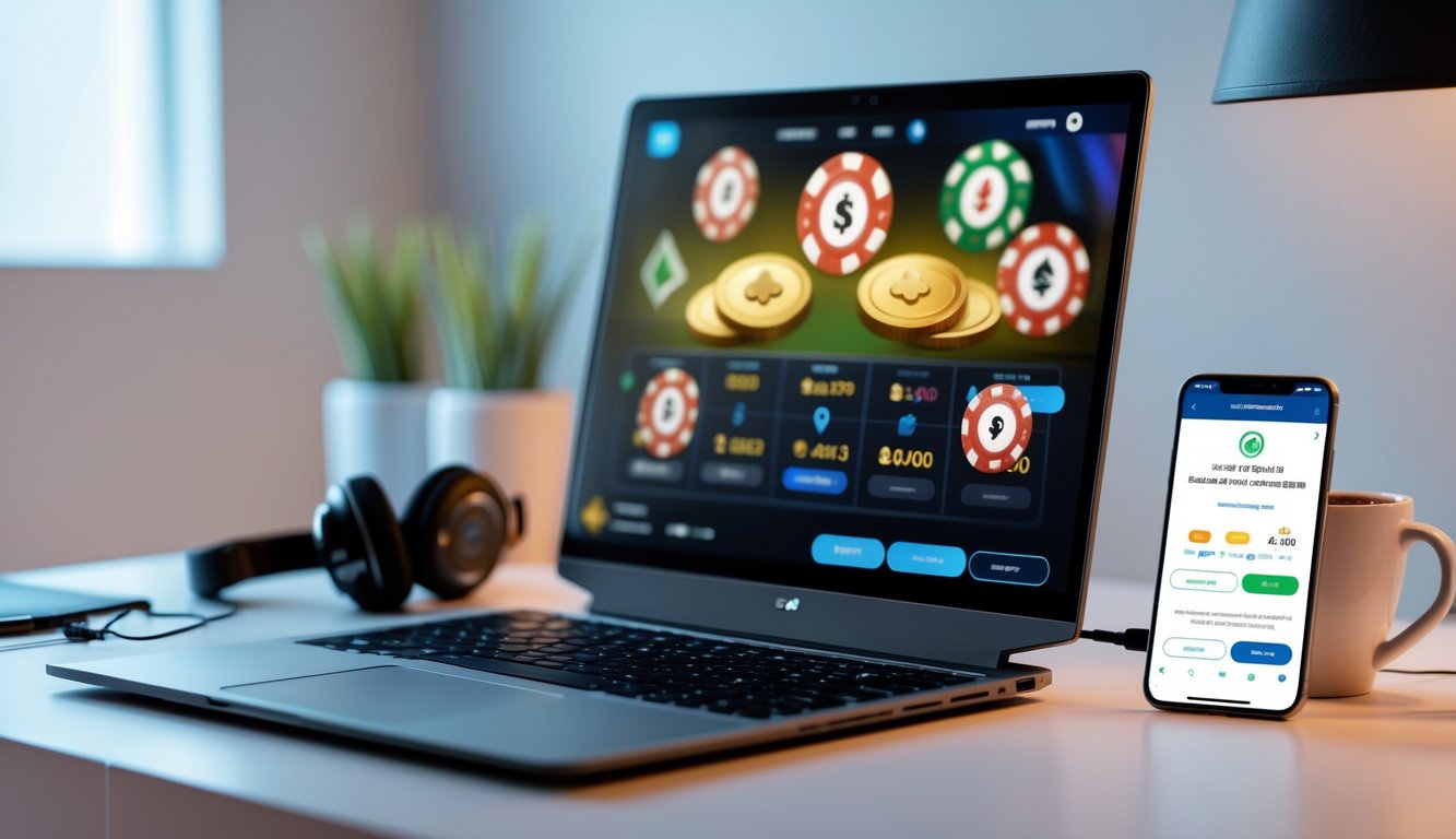 Seorang pengguna menggunakan laptop dan ponsel untuk bermain poker online dan melakukan pembayaran melalui e-wallet tanpa rekening bank.
