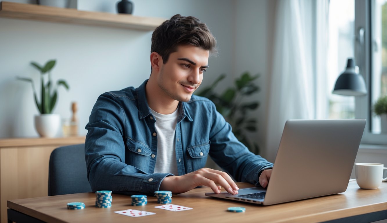 Seorang pria muda duduk di meja dengan laptop dan chip poker, fokus bermain poker online di ruangan yang nyaman.