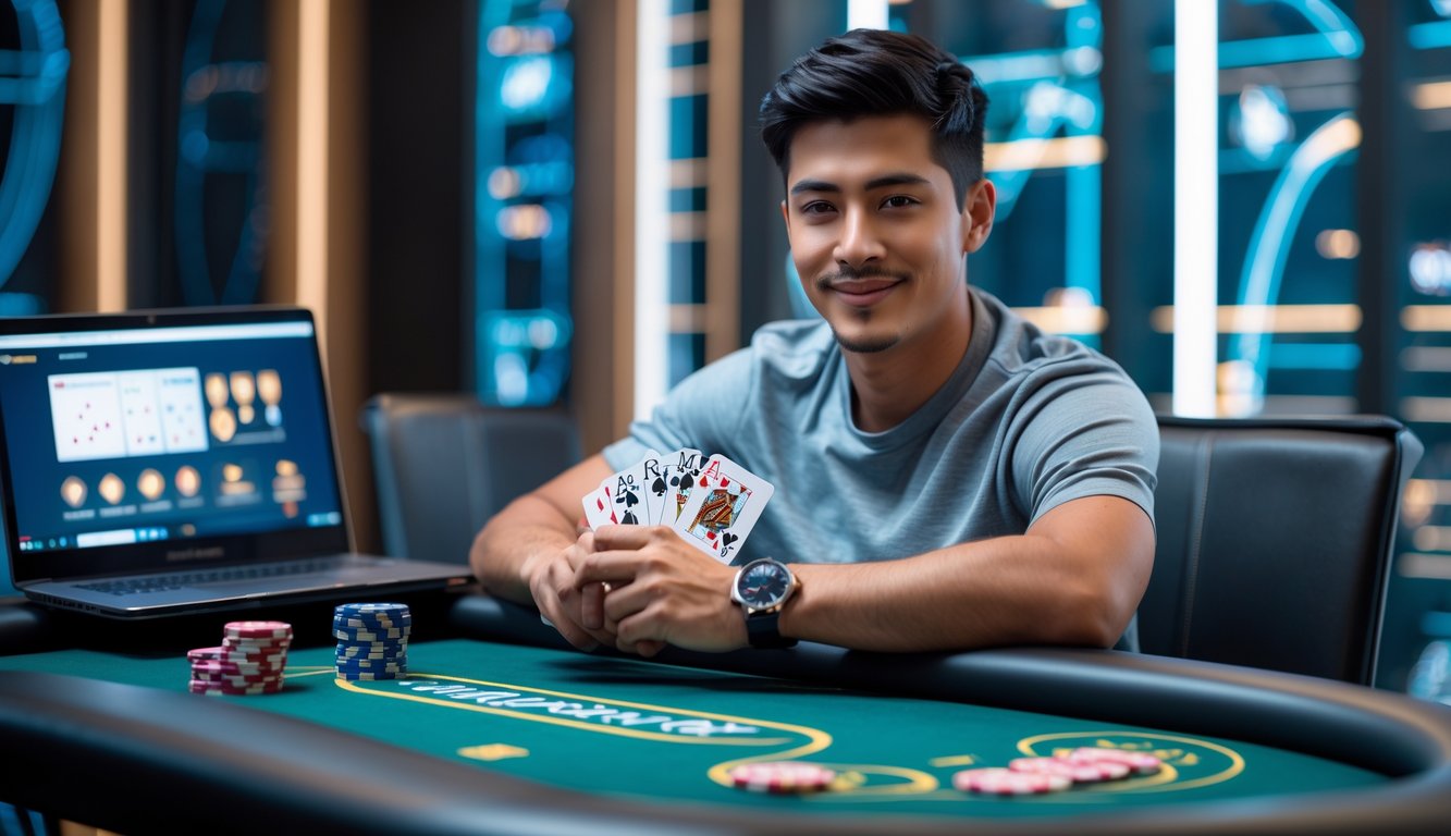 Seorang pria muda duduk di meja poker dengan kartu dan chip, di depan laptop yang menampilkan permainan poker online.