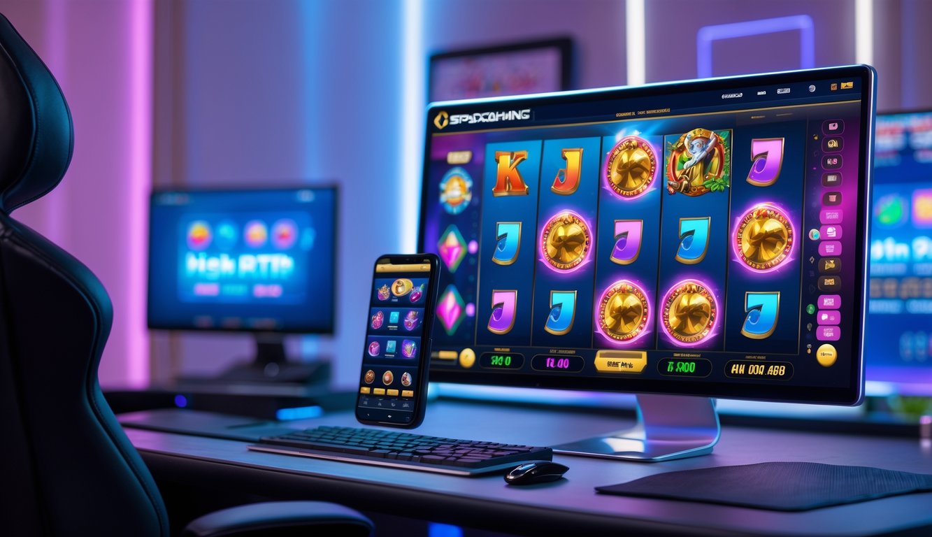 Tampilan komputer dan ponsel dengan permainan slot online Spadegaming di meja yang rapi dalam ruangan gaming modern.