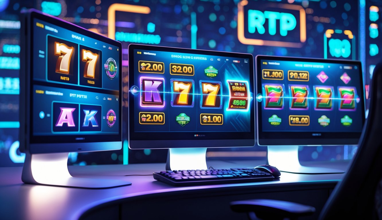Sebuah setup komputer modern dengan layar menampilkan permainan slot online yang berwarna-warni dan suasana digital yang futuristik.