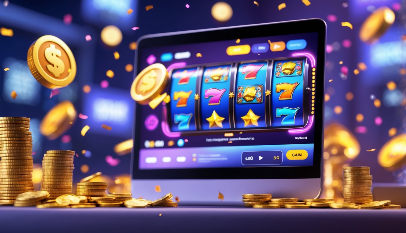 Seorang pemain sedang menggunakan perangkat digital dengan permainan slot online yang berwarna-warni dan suasana kasino yang hidup.