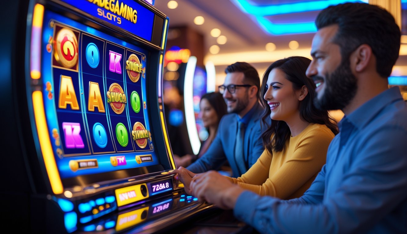 Orang-orang sedang bermain mesin slot digital di sebuah kasino modern dengan suasana cerah dan ramai.