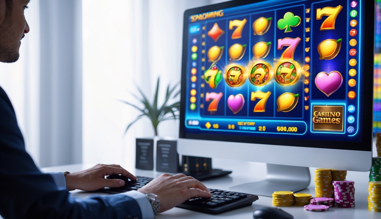 Seseorang bermain game slot online di komputer dengan layar menampilkan gulungan slot berwarna-warni dan simbol keberuntungan.