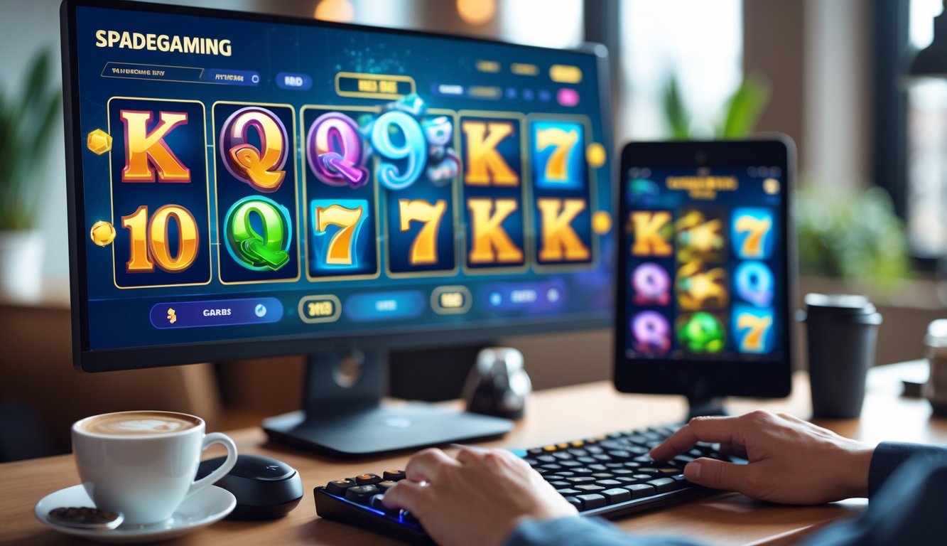 Meja kerja dengan komputer menampilkan permainan slot online Spadegaming, tangan seseorang sedang mengoperasikan mouse dan keyboard, dengan ponsel dan cangkir kopi di dekatnya.