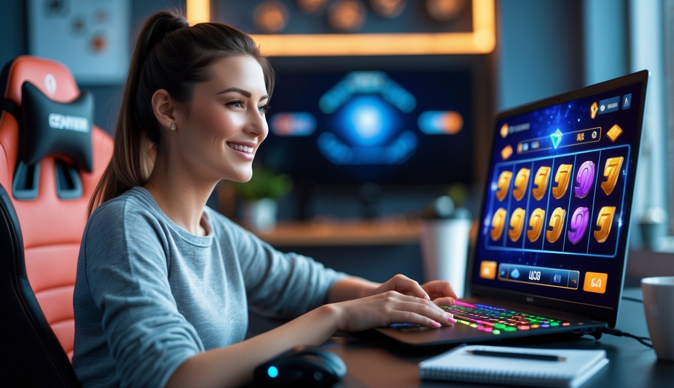 Seorang wanita muda duduk di depan laptop sambil bermain permainan slot online dengan ekspresi fokus dan senang di sebuah ruangan yang nyaman.