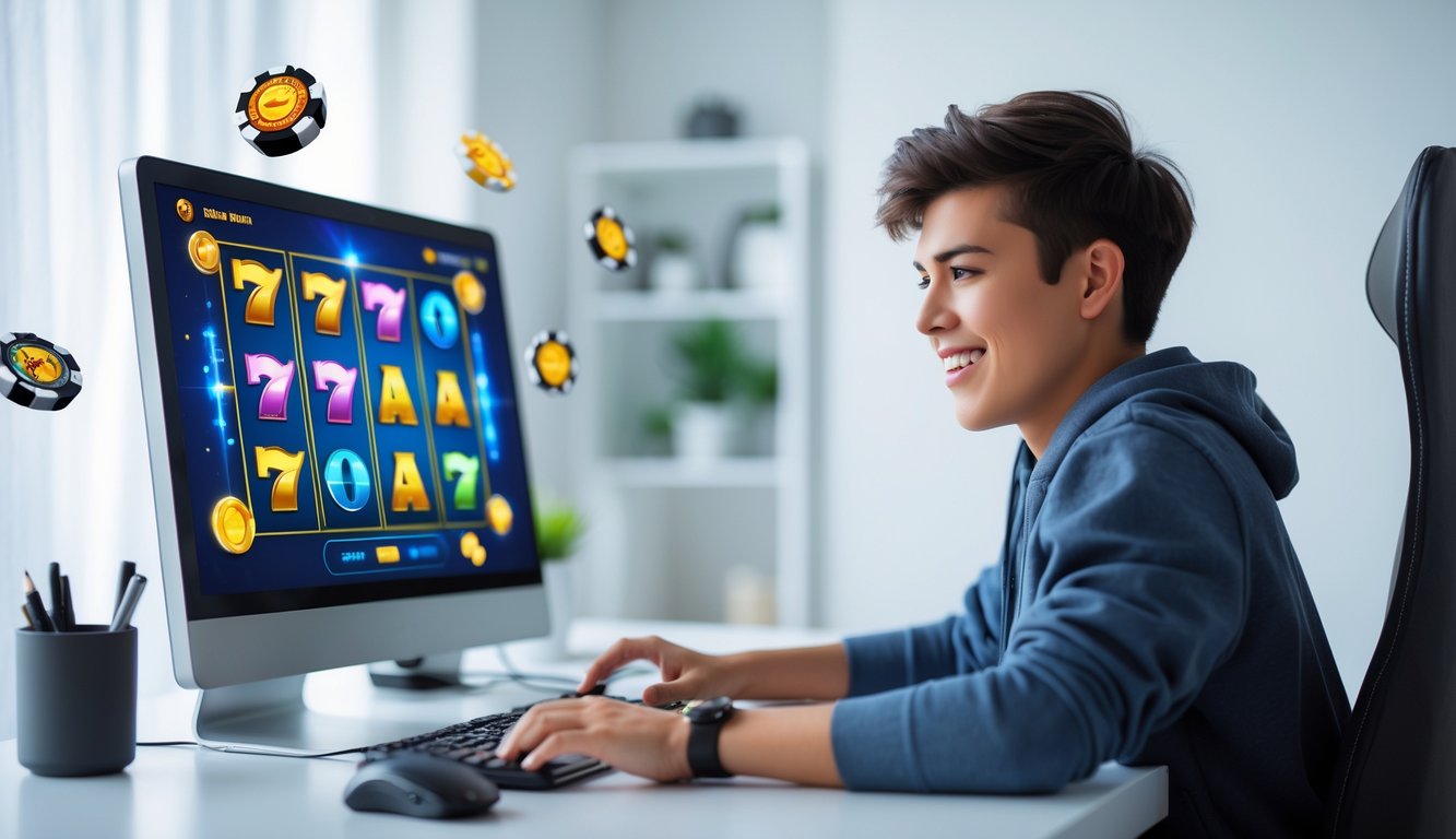 Seorang pemuda fokus bermain permainan slot online di depan komputer di ruang bermain yang nyaman.