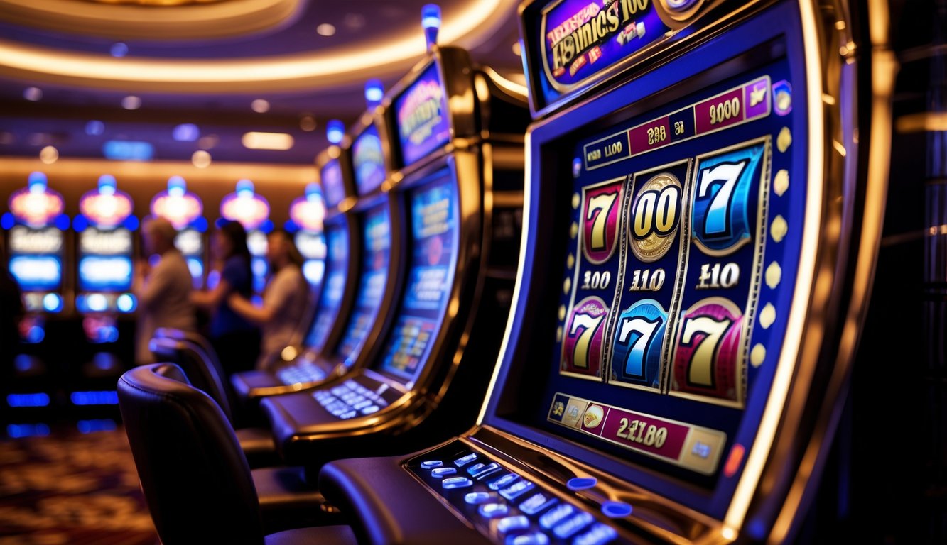 Mesin slot Spadegaming yang menyala dengan pemain yang sedang bermain di latar belakang kasino.