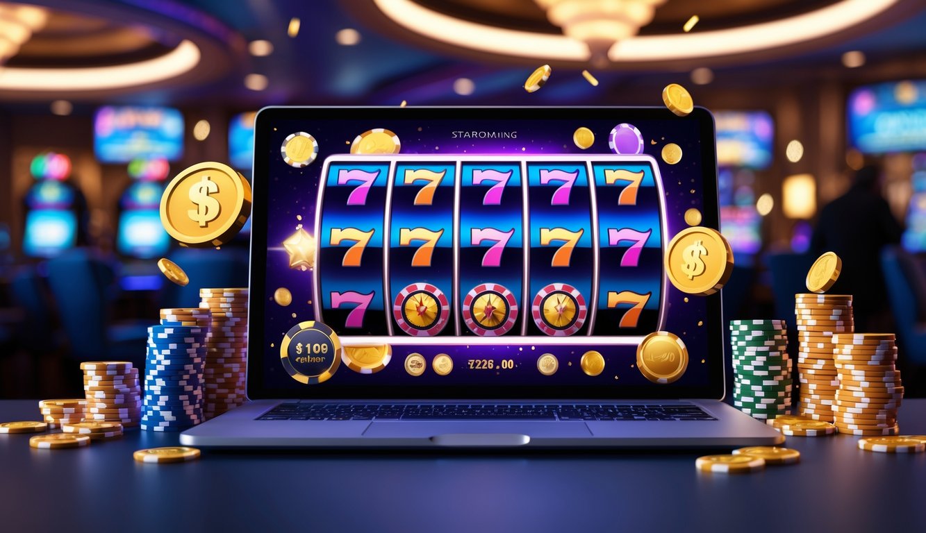 Pemandangan kasino modern dengan layar komputer menampilkan permainan slot berwarna-warni dan tumpukan chip poker di sekitarnya.