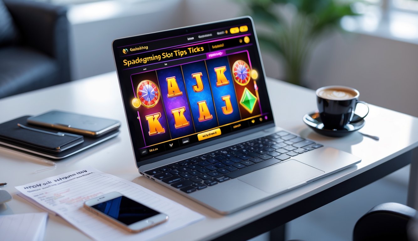 Seorang pemain sedang menggunakan laptop dengan permainan slot Spadegaming terbuka, dikelilingi oleh catatan dan ponsel di atas meja kerja.