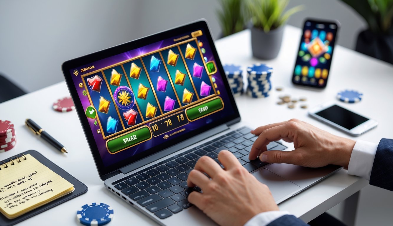 Seseorang sedang bermain slot online di laptop dengan simbol scatter terlihat di layar, di meja terdapat catatan, pena, dan ponsel, suasana ruangan rapi dan terang.