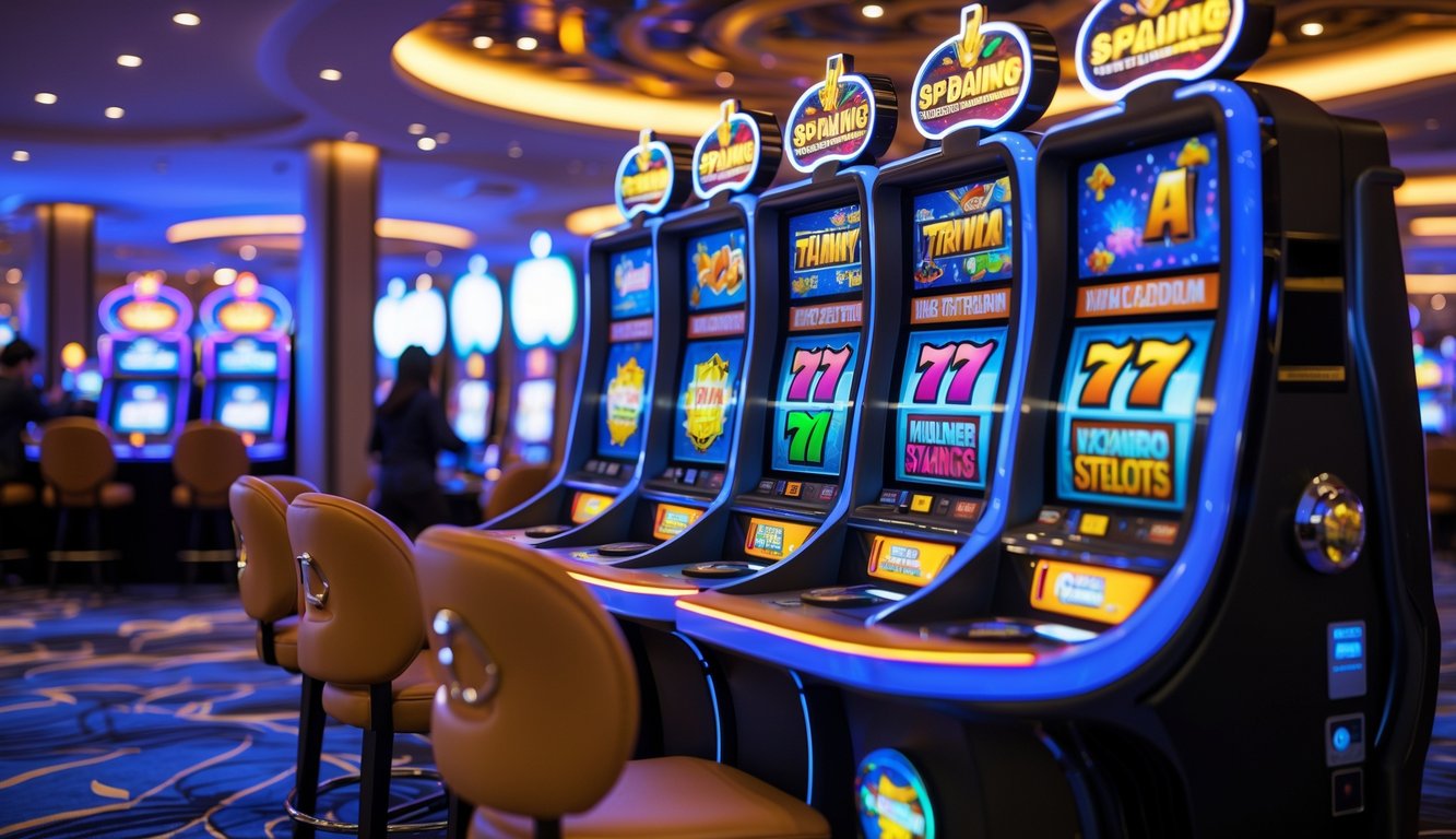 Suasana kasino modern dengan mesin slot Spadegaming yang menyala dan menarik perhatian pemain.