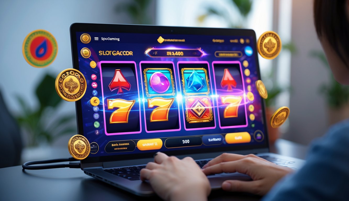 Seorang pengguna bermain permainan slot online di komputer dengan latar belakang motif budaya Indonesia.