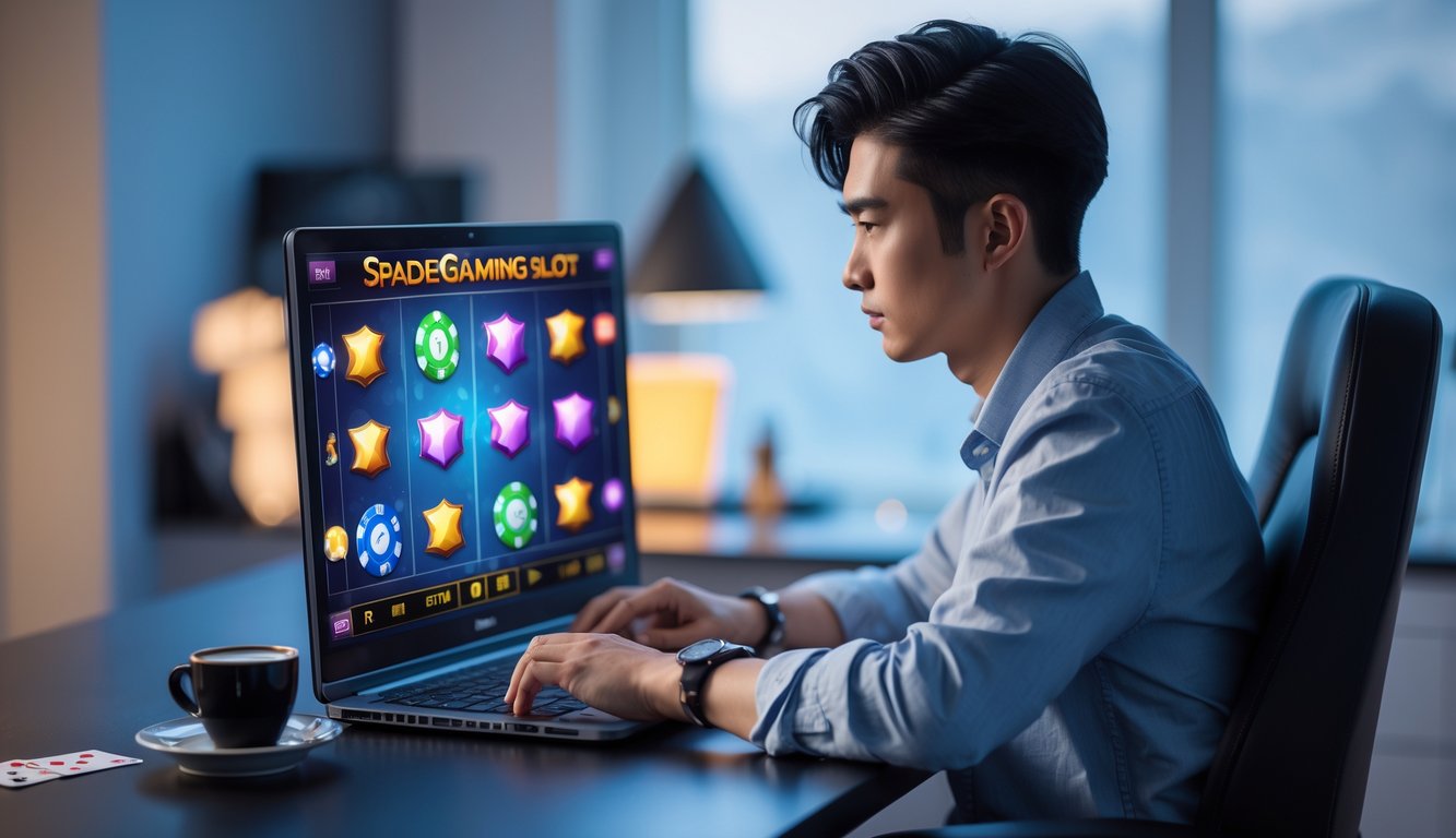 Seorang pria muda duduk di meja gaming dengan laptop menampilkan permainan slot, fokus dan tenang dalam suasana kantor rumah yang rapi.