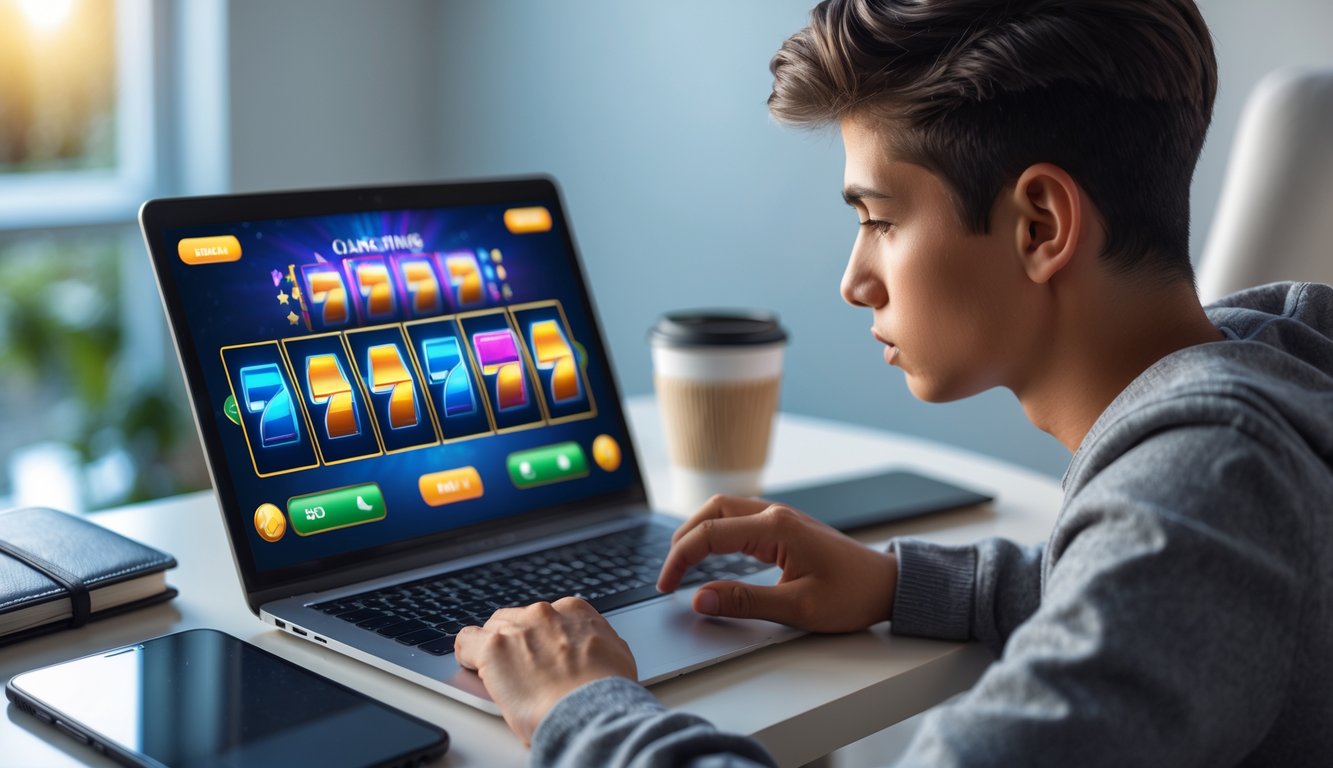 Seseorang sedang bermain permainan slot online di laptop dengan fokus di ruang kerja modern.