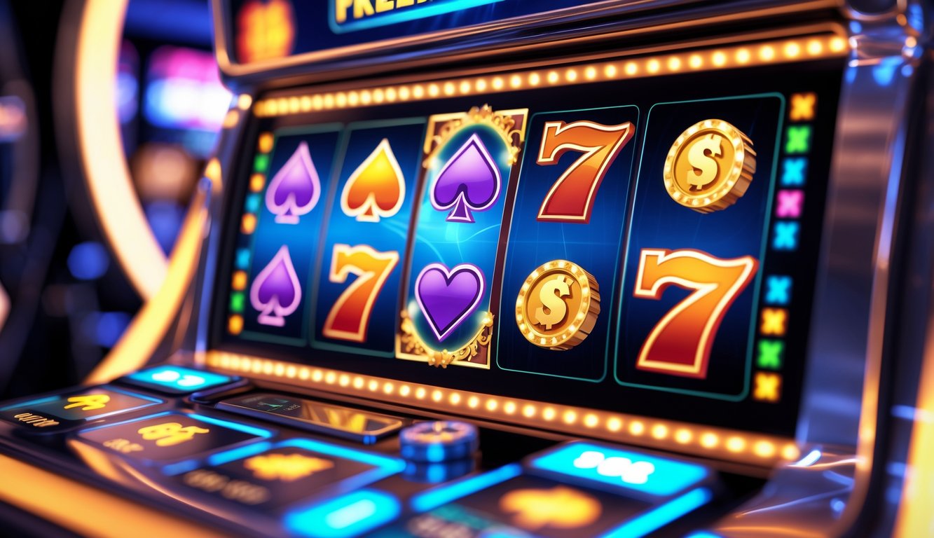 Tampilan layar mesin slot digital dengan simbol kartu spade, koin emas, dan animasi kemenangan serta fitur putaran gratis.