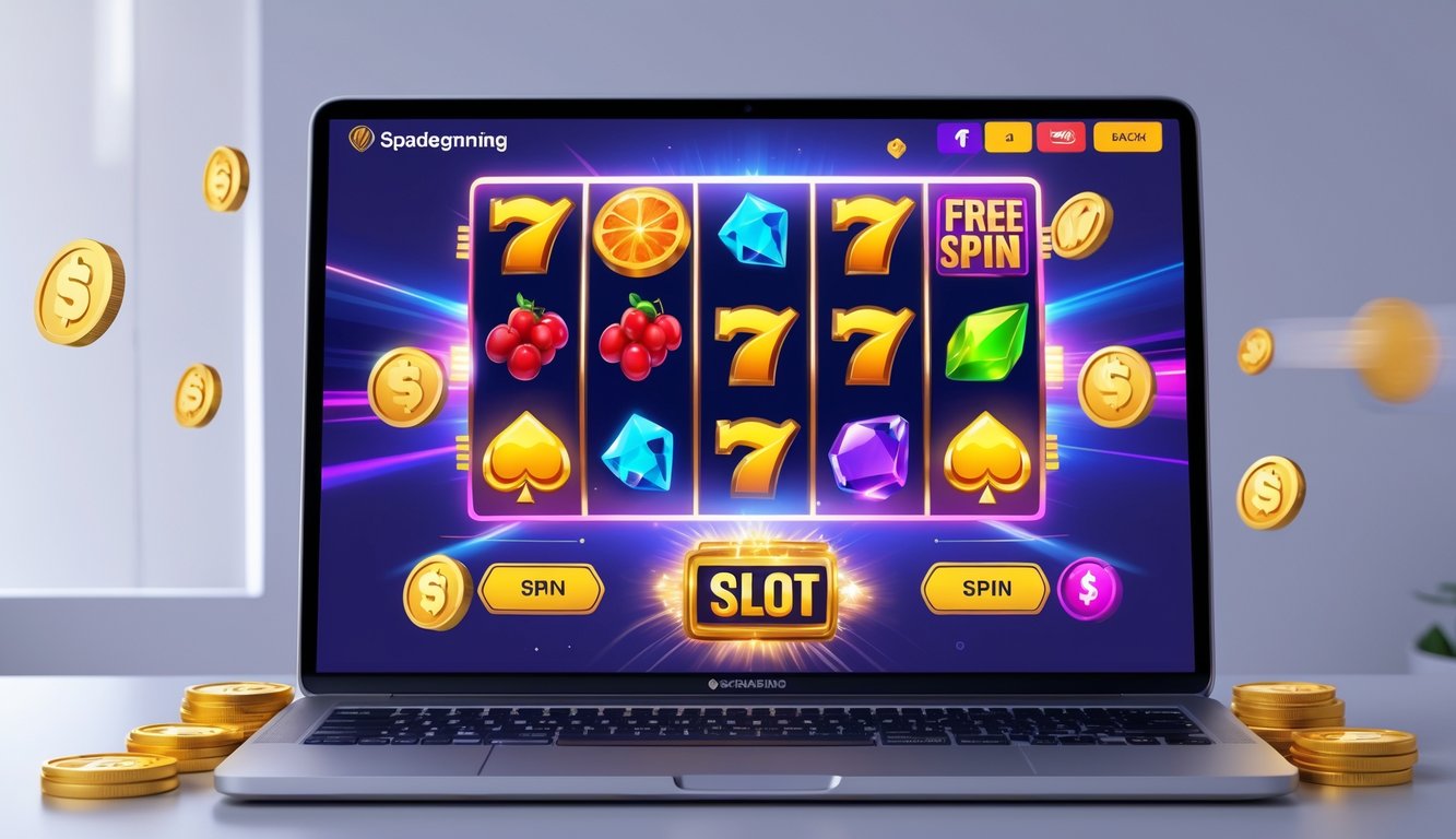 Layar komputer menampilkan permainan slot online dengan simbol berwarna-warni dan efek kemenangan seperti koin bersinar dan ikon bonus putaran gratis.