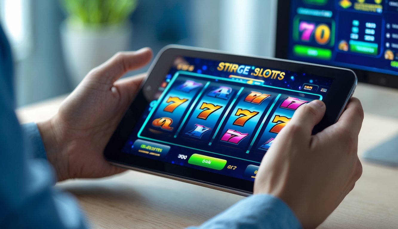 Tangan seseorang sedang menggunakan ponsel dengan tampilan permainan slot yang berwarna-warni di layar.