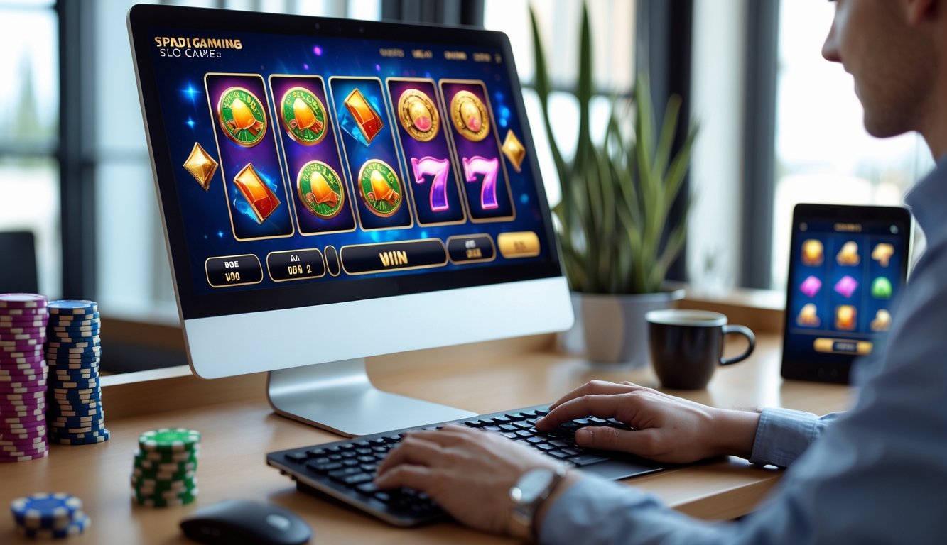 Meja kerja dengan monitor menampilkan permainan slot online, tangan seseorang sedang bermain, dan beberapa perlengkapan seperti chip kasino dan ponsel terlihat di sekitar.