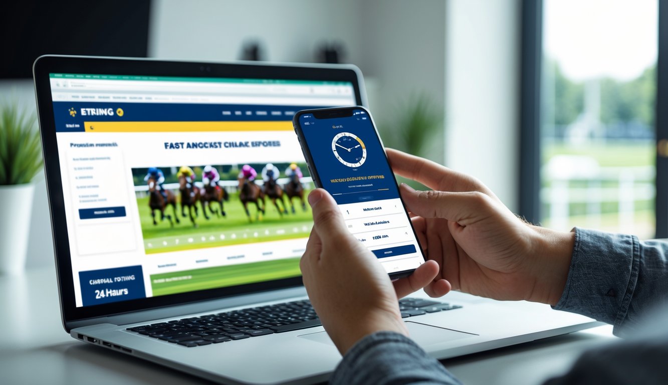 Seorang dewasa muda menggunakan ponsel dan laptop untuk memasang taruhan balap kuda secara online di ruang kerja yang terang dan bersih.