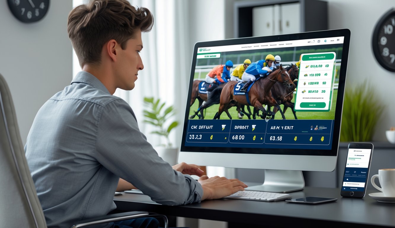 Seseorang duduk di depan laptop menggunakan platform taruhan balap kuda online dengan ponsel di sampingnya dalam ruangan yang terang.