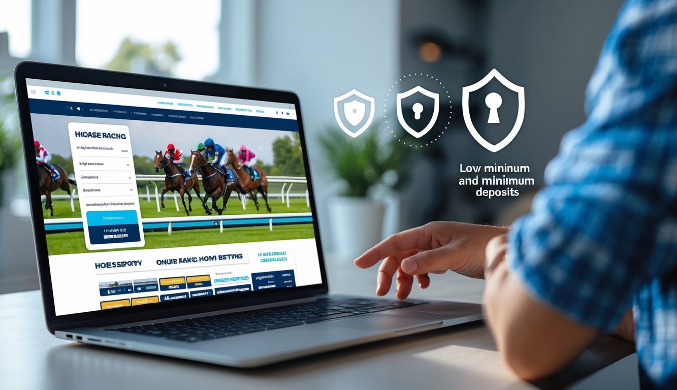 Seseorang menggunakan perangkat digital untuk memasang taruhan balap kuda secara online di lingkungan yang rapi dan terang.